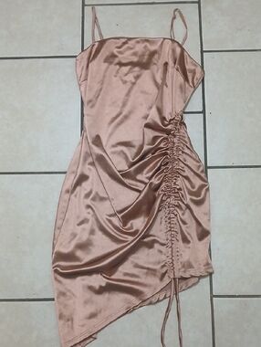 GLARE Womens Size L Satin Assymetrical Ruched Slip Dress in Rose Gold